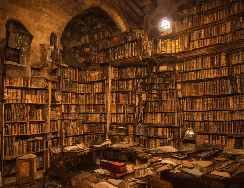 Prompt: cluttered medieval library at night inside a futuristic spacecraft, dimly lit by candlelight, dark fantasy, dreaming illusion