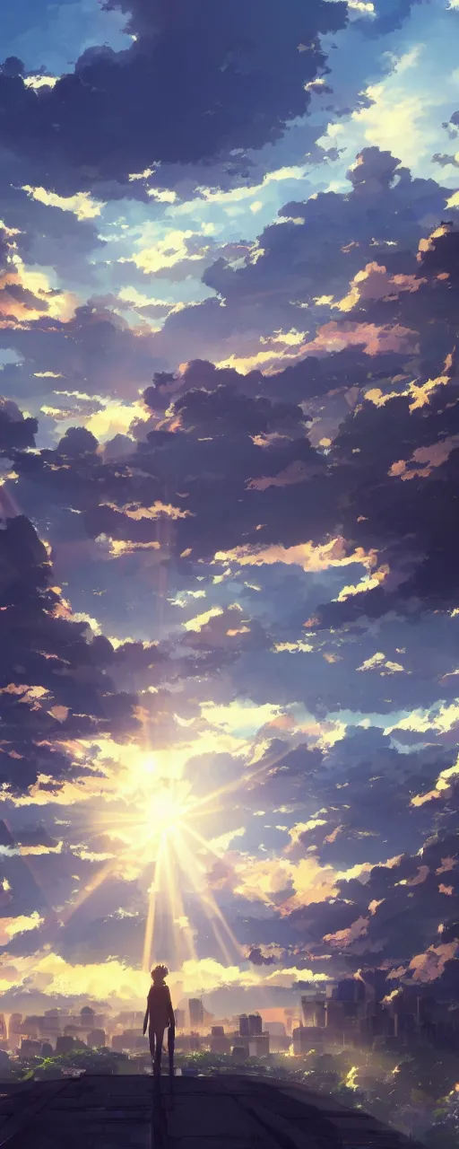 Prompt: Anime cityscape by Makoto Shinkai, concept art, sun shining through clouds, crepuscular rays, trending on art station, 8k