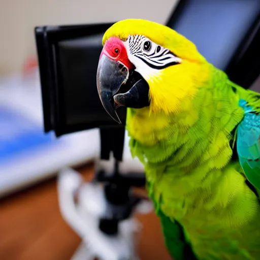 Image similar to a parrot dressed as a reporter reporting the news on tv