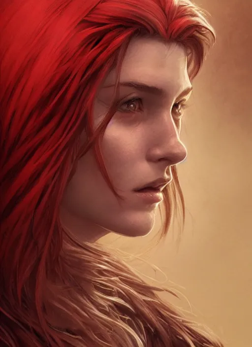 Image similar to vertical portrait of a ruggedly handsome female cleric, soft hair, close - up face, leather, witchy, d & d, fantasy, intricate, elegant, highly detailed, digital painting, artstation, concept art, smooth, sharp focus, illustration, art by artgerm and greg rutkowski and alphonse mucha, plain red background