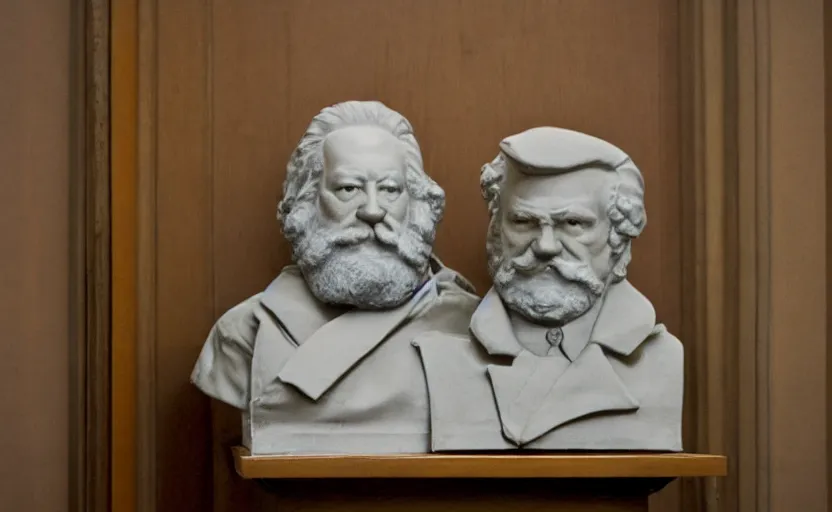 Prompt: 50s movie still close-up portrait of an elder soviet generals in a empty stalinist hall with a bust of Marx, by David Bailey, Cinestill 800t 50mm eastmancolor, heavy grainy picture, very detailed, high quality, 4k, HD criterion, precise texture and facial expression