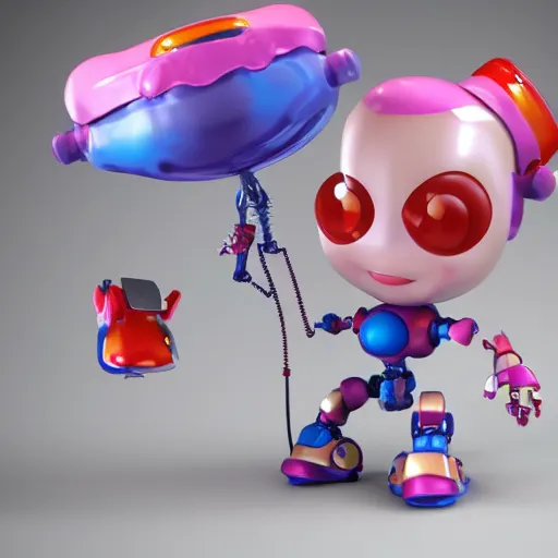 Image similar to single crazy melting plastic toy Pop Figure Robot, C4d, by pixar, by dreamworks, in a Studio hollow, by jeff koons, by david lachapelle