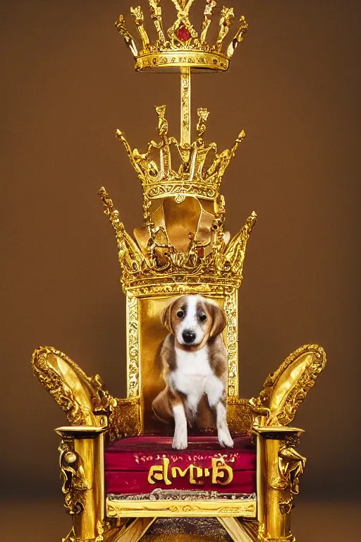 Image similar to a dog sitting on a gold throne with a crown on its head, photography