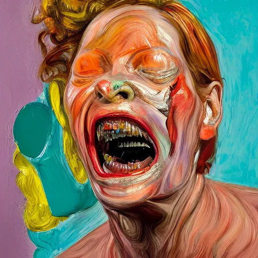 Prompt: high quality high detail painting of a female screaming by lucian freud and jenny saville and francis bacon, hd, anxiety, turquoise and orange and purple and pink and red