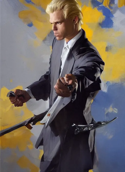 Image similar to greg manchess portrait painting of a blond man in a blue suit with a sword and a pistol, asymmetrical, profile picture, organic painting, sunny day, matte painting, bold shapes, hard edges, street art, trending on artstation, by huang guangjian, gil elvgren, ruan jia, randy vargas, greg rutkowski