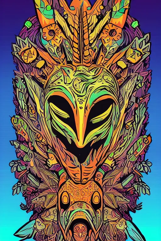 Image similar to animal mask totem roots flower tribal feather gemstone plant wood rock shaman vodoo video game vector cutout illustration vivid multicolor borderlands comics by josan gonzales and dan mumford radiating a glowing aura