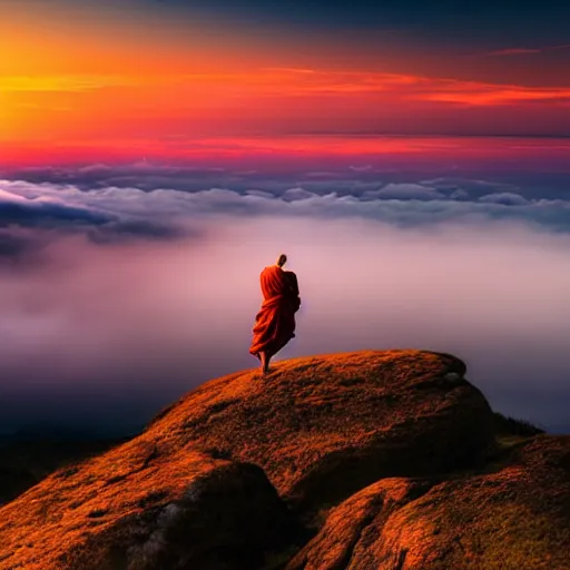 Image similar to a monk training on top of a mountain, fog, painting , sunset, beautiful, artsty
