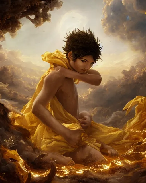 Prompt: A epic and beautiful rococo painting of a young arab boy covered in yellow cloth surrounded by wolves of ashes, standing before a desert of ashes. ultra-detailed. Anime, pixiv, UHD 8K CryEngine, octane render