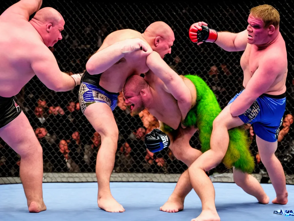 Image similar to Shrek and Barney fighting in an MMA match, sports photography