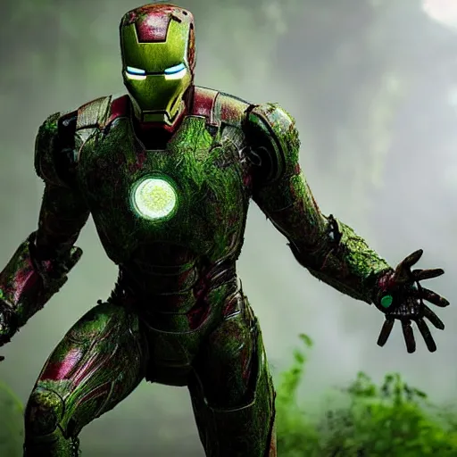 Image similar to overgrown iron man suit covered in moss and vines, 4k realistic photo