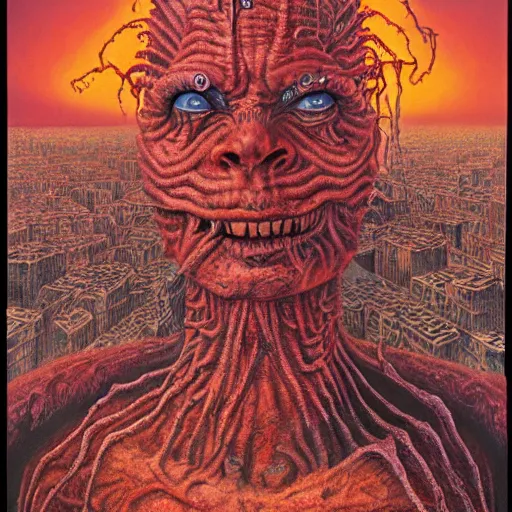 Image similar to a grand scale matte painting of a skinned man in hell by clive barker and alex grey and michael whelan