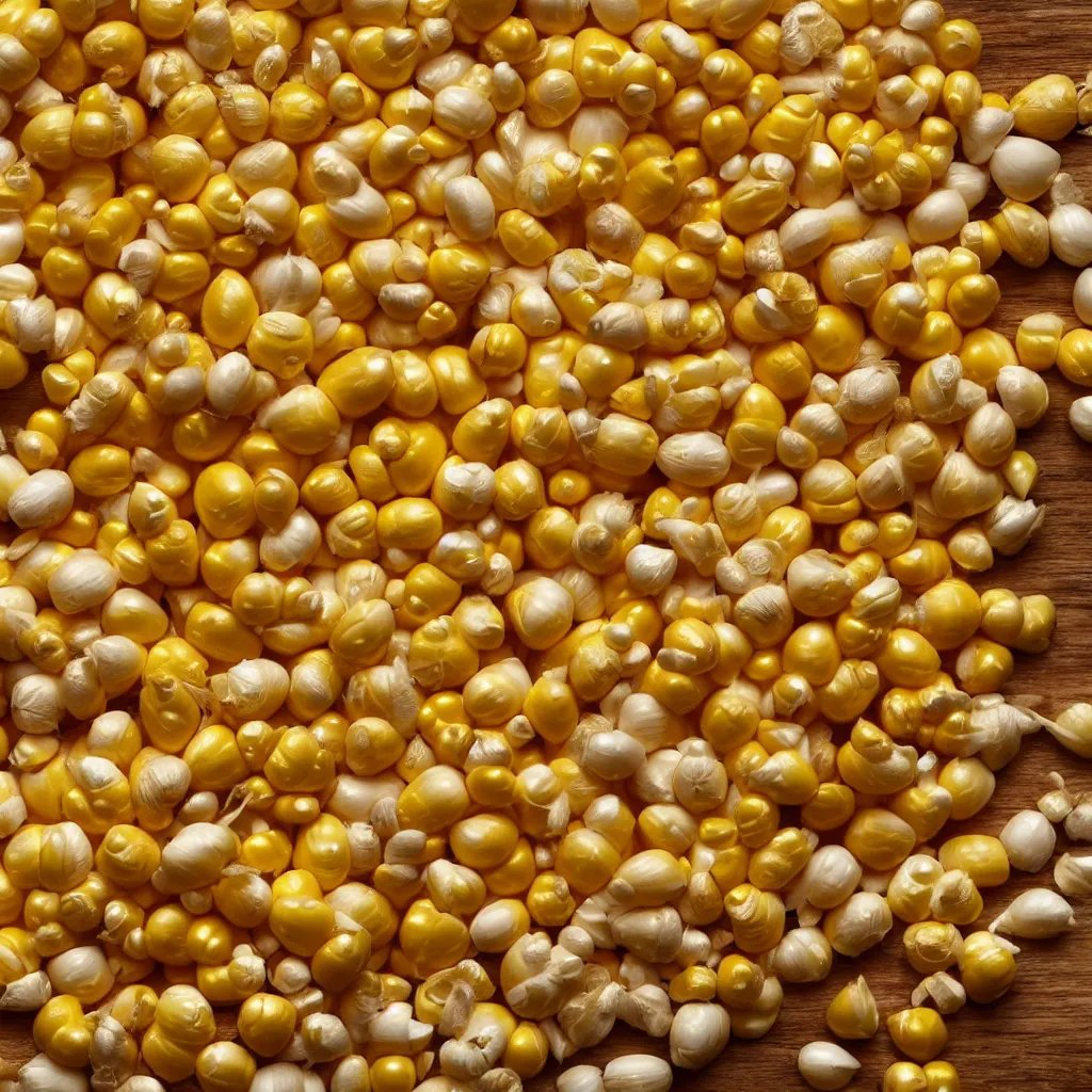 Prompt: close - up view of corn kernels on top of a wooden table, 8 k, high detail, photorealistic, proper shading