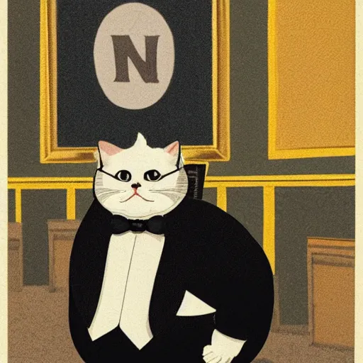 Image similar to photograph of a very fat and judgmental cat wearing a full tuxedo sitting in a dimly lit parlor lounge