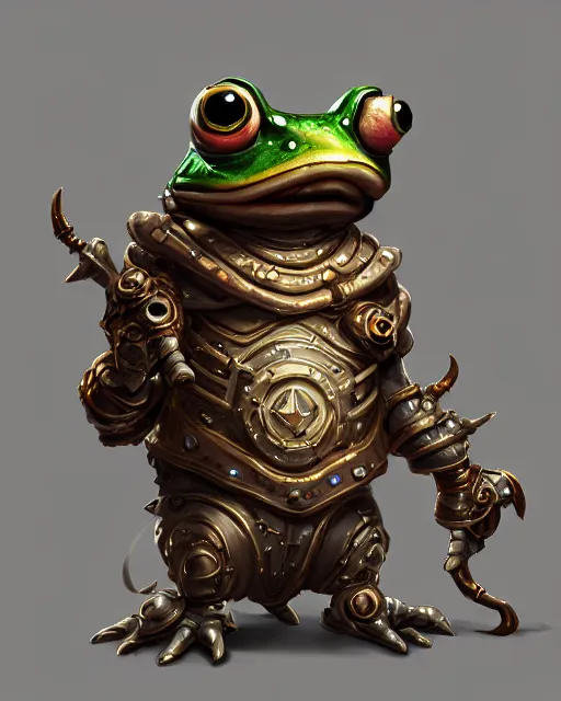 Prompt: a slimy anthropomorphic toad king wearing ornate steampunk armor, smooth, intricate, elegant, digital painting, artstation, steam, grungy steel, concept art, sharp focus, octane render, illustration, art by riot studios, overwatch character,