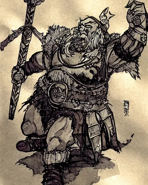 Image similar to Dwarf Barbarian, drawn by Yoji Shinkawa, water color, Dungeons and Dragons, Wizards of the Coast