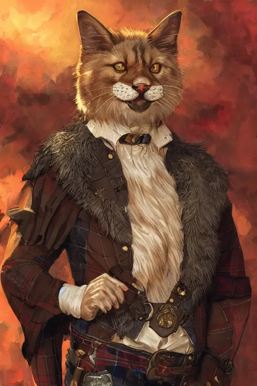 Prompt: portrait of the tartan catfolk unsealer wearing imperial vest by artgerm and Craig Mullins, James Jean, Andrey Ryabovichev, Mark Simonetti and Peter Morbacher 16k