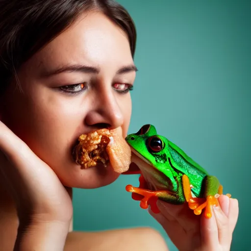 Image similar to A photo of a woman eating a frog, ultra high detail, 8k.