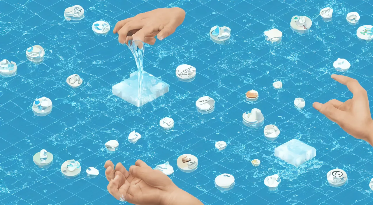 Image similar to a blockchain made from water, 3 d render, body of water, streams, liquid interface, gui, infographic, diagram,