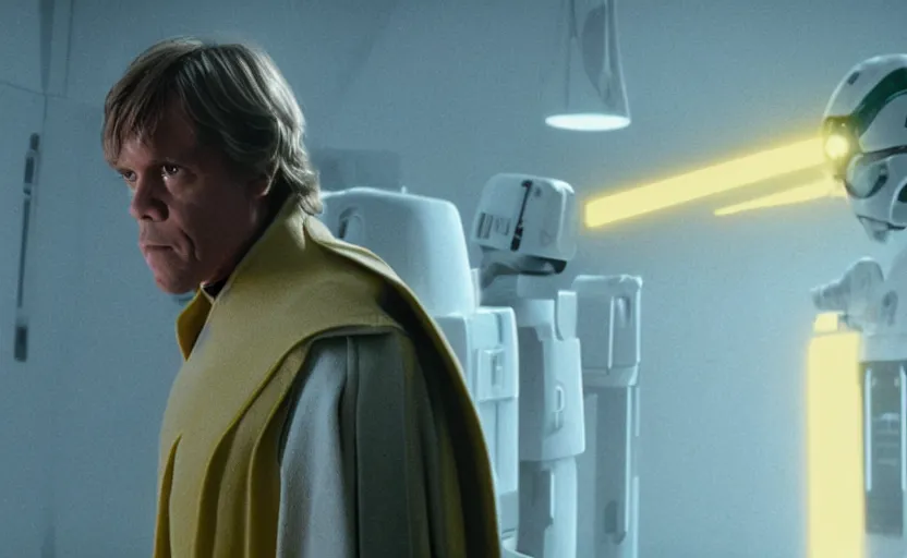 Prompt: cinematic still image screenshot portrait of cybernetic luke skywalker wearing a yellow cape stares down at his cybernetic hand, while he is talking to a lonely medical droid, from the tv show on disney + anamorphic lens, ending from empire strikes back crisp 4 k imax, lit from below, underlight, moody iconic scene, a window frame into space behind them