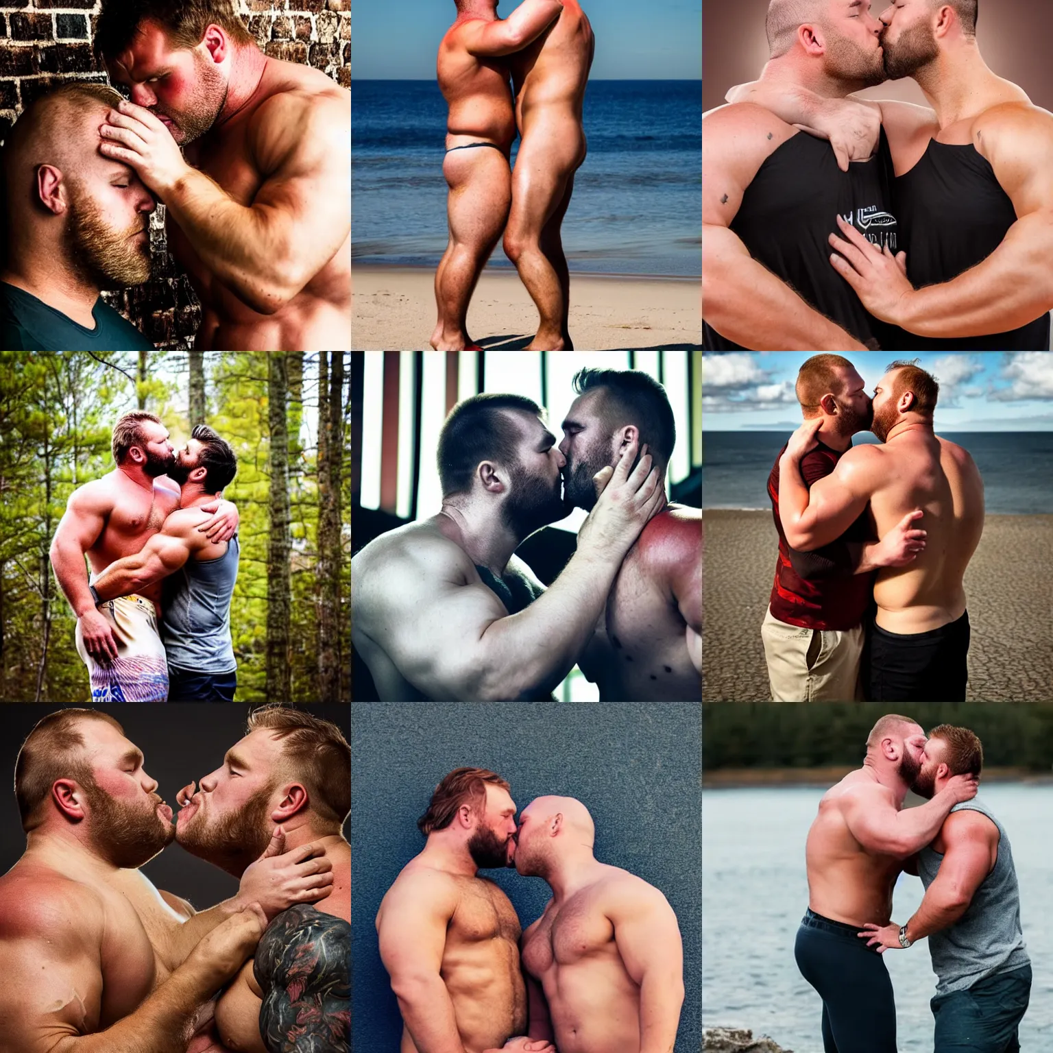Prompt: julius hafthor bjornsson kissing his twin brother, photography, warm colours, full body image