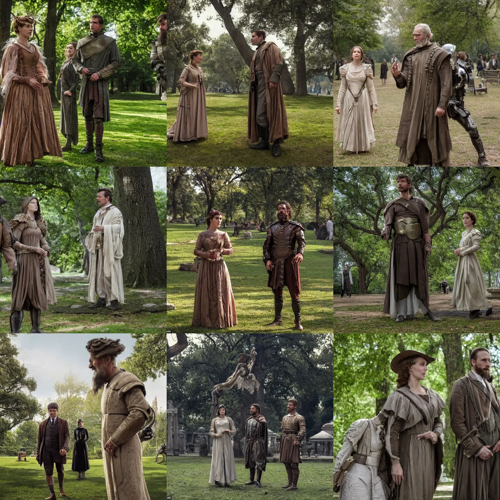 Prompt: sharp, highly detailed, film from a 2 0 1 9 sci fi 8 k movie, time travelers suddenly appear in a park in 2 0 1 9, a man from the roman empire and a woman from 1 9 0 0, wearing correct era clothes, atmospheric lighting, in focus, reflective eyes, 3 5 mm macro lens, live action, nice composition