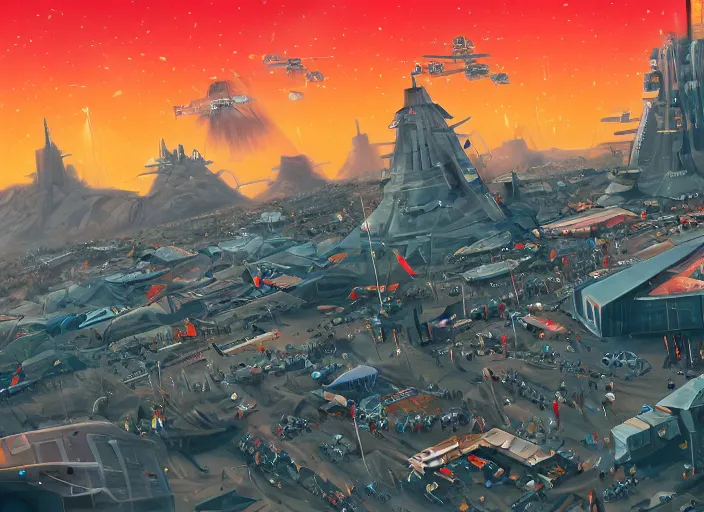 Prompt: Sprawling Tent city with one single Tall Military Tower in the center, Orbiting Space Ships, Stars, High Detailed, Canyon, Neon Lights, Neon Advertisements, Blade Runner, Metal, Robotic, Holes, Large Rocks, Sand Storm, Obelisk, Sand Dunes, Desert Planet, War, Star Wars, Warhammer 40k, Retro Futurism, Art Deco, mattte Painting, Illustration, small brush strokes, soft strokes, Simon Stålenhag