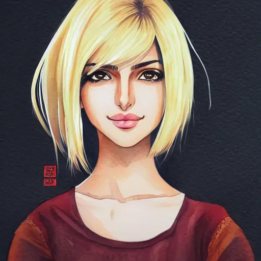 Prompt: a watercolor headshot portrait of priyanka chopra as a beautiful anime girl with blonde hair by 小北, 阿荣, digital art, trending on pixiv, trending on artstation,