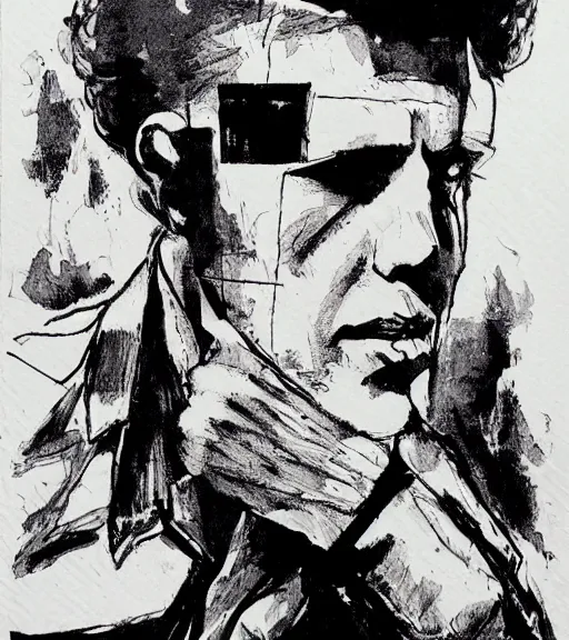 Prompt: portrait of Tom Waits by Mike Mignola, shaded ink illustration