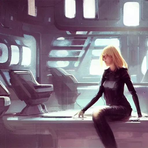 Image similar to concept art by greg rutkowski, a very tall, and slender woman with blond hair, sitting with the crew in the ship's flight deck, brutalist futuristic interior, dark lighting atmosphere, detailed portraits, nostalgic atmosphere, scifi, digital painting, artstation, concept art, smooth, sharp foccus ilustration, artstation hq