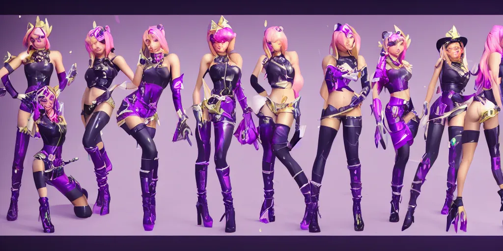 Prompt: character sheet of beautiful KDA More Miss Fortune (wild rift) 3d render octane render k-pop music video game art realistic highly detailed trending on artstation 4k trending on artstation pixar cgsociety unreal engine 5 redshift render trending on artstation blender behance cg