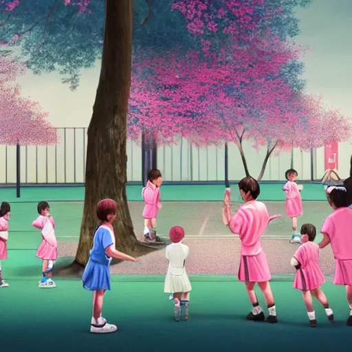 Image similar to tall woman wearing a blue jacket and pink shorts playing basketball against a group of kindergarteners wearing japanese school uniforms, complete detailed body, cherry blossom trees in background, moody atmosphere, digital art, highly detailed, high contrast, beautiful lighting, award winning, trending on art station, photorealistic, 8 k,