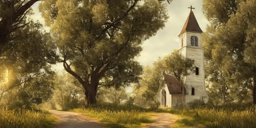 Prompt: landscape of a little old white country church down a long and winding road through a corn field in an old timey place with a few cypress trees, art by artgerm and greg rutkowski and alphonse mucha, concept art, octane render, unreal engine 5, highly detailed, high quality, 8 k, soft lighting, realistic face, path traced