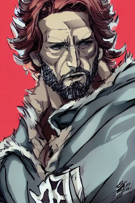 Image similar to Bearded handsome-spartan man Gerard-butler wearing red-cape, bodybuilder posing, portrait, JoJo cover art, JoJo anime style, David Production, style of Vento Aureo cover art, style of Stone Ocean cover art, style of Steel Ball Run cover art, style of JoJolion cover art, Ilya Kuvshinov style, Alexandra Fomina ArtStation, illustrated by Hirohiko Araki