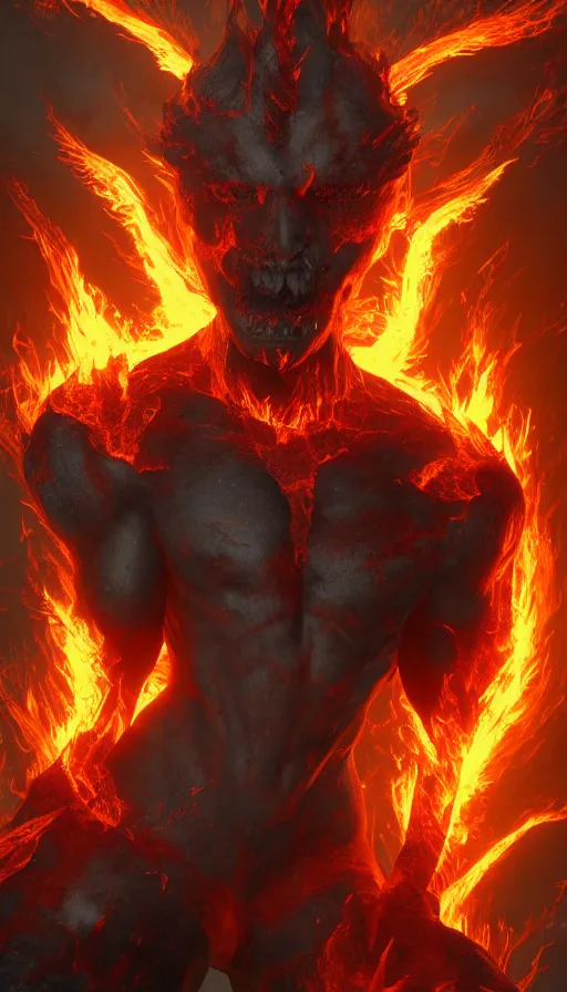 Image similar to fire elemental, man figure, flat background, man body, full body, intricate, beautiful, pathfinder, epic painting, paint texture, uplight, octane rendered, 8k, highly detailed, 3d render, unreal engine, concept art, illustration