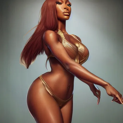 Prompt: full figure ultra realistic illustration, megan thee stallion, intricate, elegant, highly detailed, digital painting, artstation, concept art, smooth, sharp focus, illustration, art by artgerm and greg rutkowski and alphonse mucha