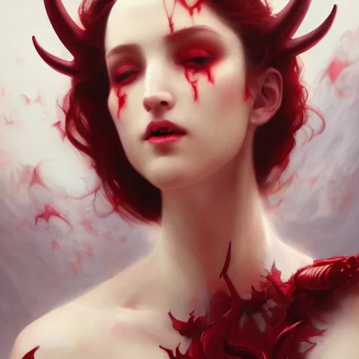 Image similar to Beautiful pale laughing succubus with wings and devil's horns, red lighting, masterpiece 4k digital illustration by Ruan Jia and Mandy Jurgens and Artgerm and william-adolphe bouguereau, highly detailed, trending on artstation, award winning,