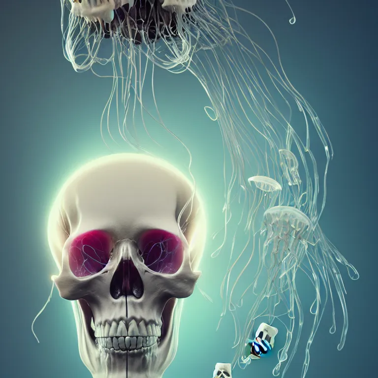 Image similar to portrait of skull and orchids, bio luminescent jellyfish, intricate artwork by Tooth Wu and wlop and beeple. octane render, trending on artstation, greg rutkowski very coherent symmetrical artwork. cinematic, hyper realism, high detail, octane render, 8k