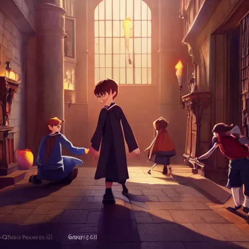 Image similar to a wholesome animation key shot of harry potter students, medium shot, studio pixar and disney animation, sharp, very detailed, high resolution, rendered in unreal engine 5, anime key art by greg rutkowski, bloom, dramatic lighting