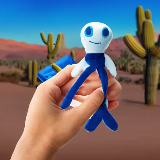 Image similar to blue'snappy gifts'logo human - sized plush doll, looking at the camera, in the desert, holding gift, happy atmosphere, high detail, 8 k