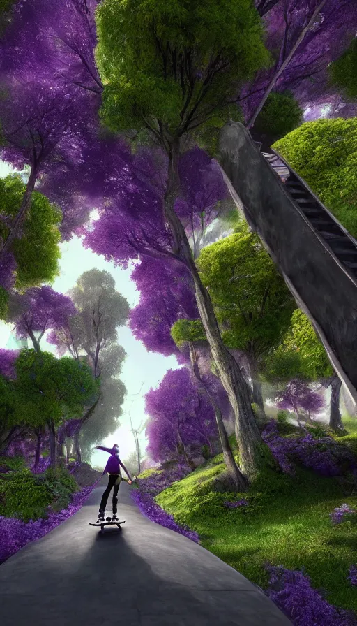 Prompt: A skateboarder going downhill towards a magical portal and purple trees in the distance, abandoned city, sweat drops, insane, intricate, highly detailed, oil painting, smooth, sharp focus, Unreal Engine 5, 8K, art by Diego Velázquez