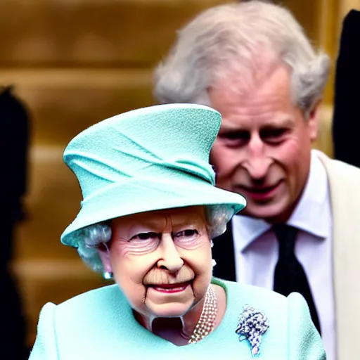 Prompt: the queen of England taking a selfie with a duckface