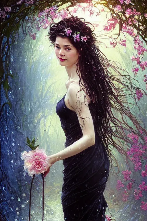 Prompt: portrait of a beautiful woman wearing a black dress, holding a bouquet of flowing flowers, drenched body, wet dripping hair, emerging from the water, fantasy, regal, fractal crystal, fractal gems, by stanley artgerm lau, thomas kindkade, alphonse mucha, loish, norman rockwell