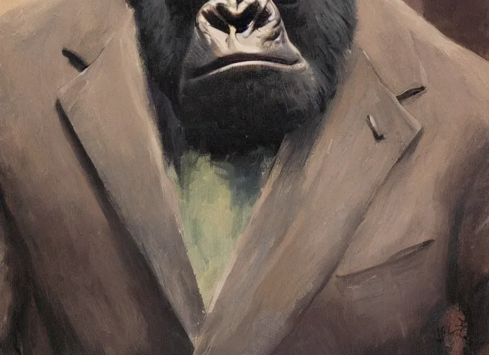 Image similar to a highly detailed beautiful portrait of a gorilla wearing a suit, by gregory manchess, james gurney, james jean