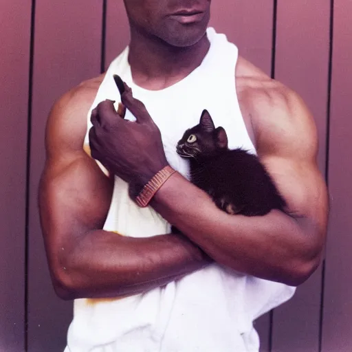 Prompt: photo of muscular black man holding a kitten, kodak portra 4 0 0 color negative film