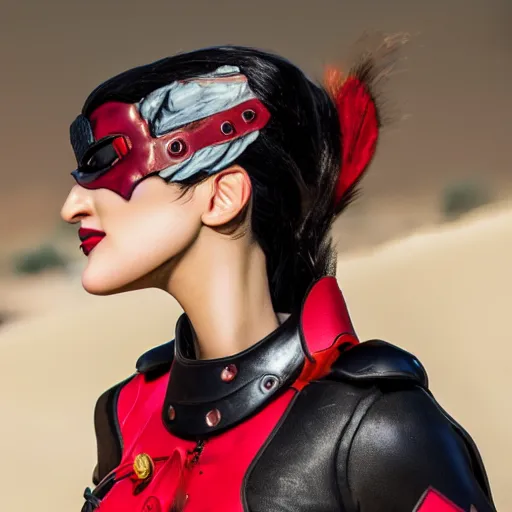 Image similar to widowmaker overwatch in the desert riding on a horse, black and red jacket, collar around neck, very detailed face, feminine face, full body