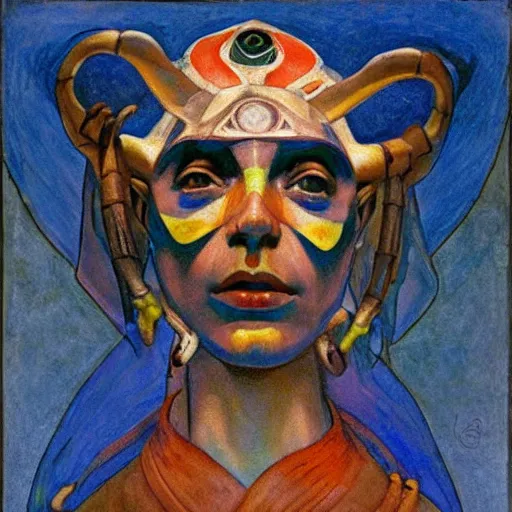 Image similar to the bone crown, by Annie Swynnerton and Nicholas Roerich and Diego Rivera, blue skin, elaborate costume, iridescent beetles, geometric ornament, rich color, dramatic cinematic lighting, smooth, sharp focus, extremely detailed