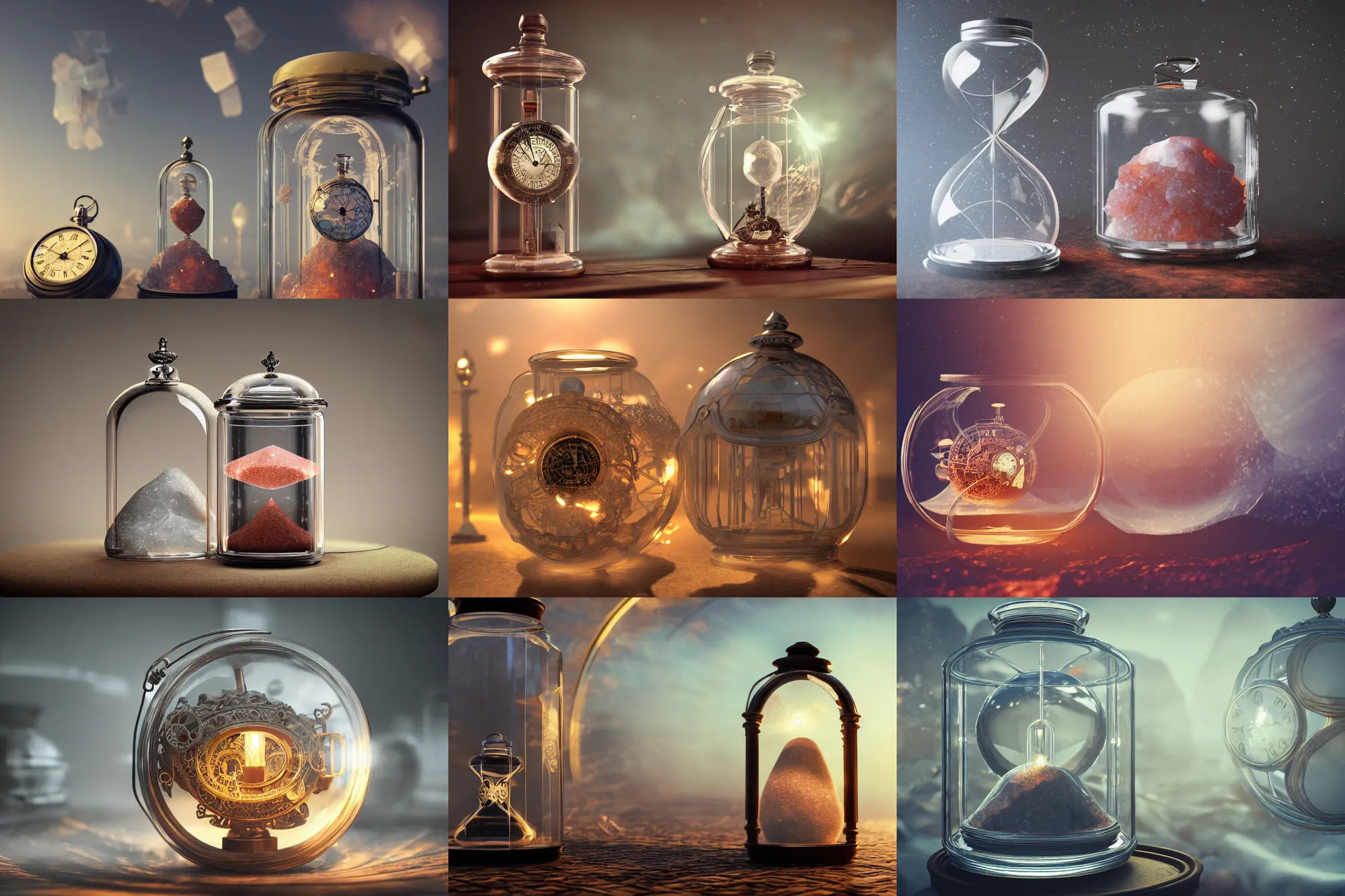 Prompt: pocketwatch inside a glass jar, hourglass, planisphere, himalayan rocksalt lamp, intricate detail, volumetric lighting, epic composition, hyper detailed, ultra realistic, sharp focus, octane render, volumetric, ray tracing,, sense of awe, swirling mist, 4 k