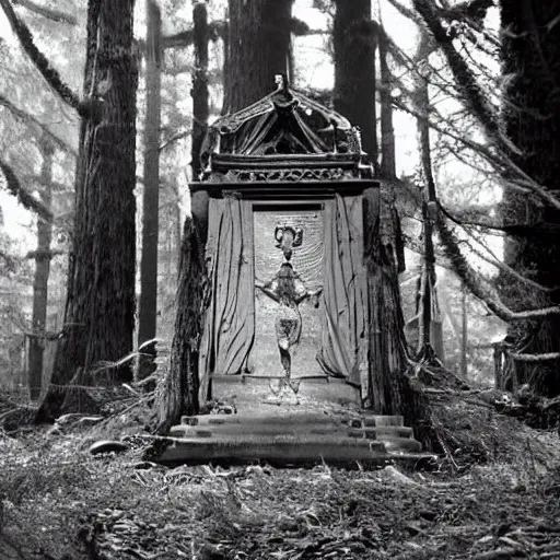 Image similar to old photograph of an occult alien shrine in an eerie forest with an astronaut standing in front of the shrine