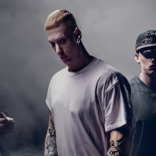 Prompt: eminem killing mgk, realistic 8 k professional photography, midday lighting, defiant, octane, volumetric lighting, 7 0 mm,