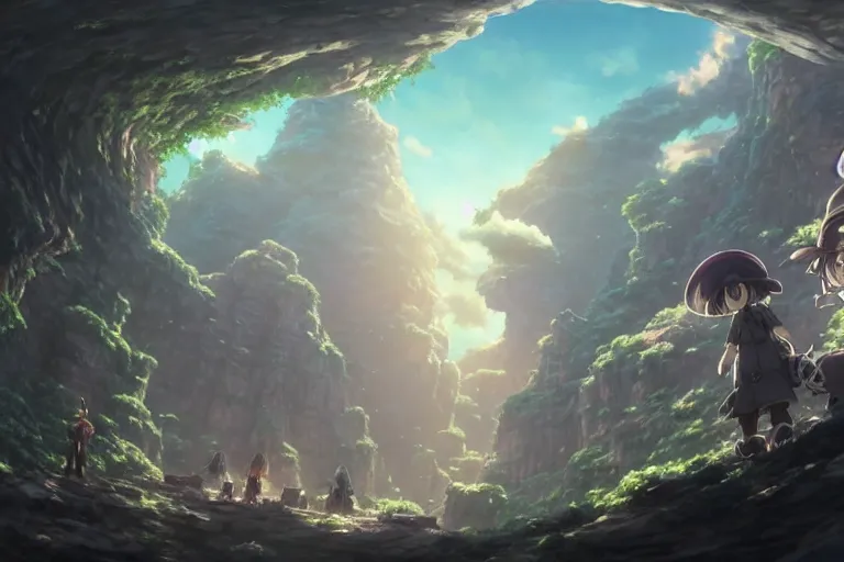 Prompt: made in abyss concept art wlop James Jean Marc Simonetti trending on artstation hyperdetailed Unreal Engine 4k 8k ultra HD pic cinematic shot, modern anime, fantasy, eerie, intricate details, atmospheric, elegant, super highly detailed, professional digital painting, artstation, concept art, 8k, art by artgerm and eiichiro oda and koyoharu gotouge